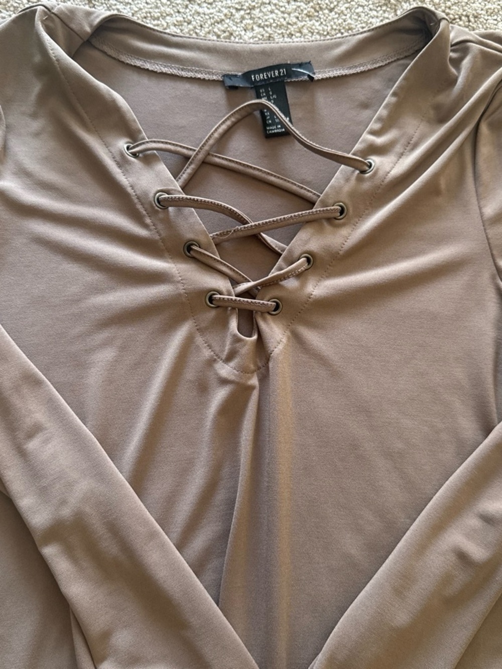 Forever 21 Taupe Lace-Up V-Neck Long Sleeve Top